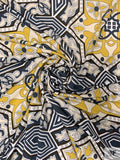 Italian Geometric Medallion Printed Viscose Matte Jersey Knit - Midnight Dusty Blue / Mustard / Beige