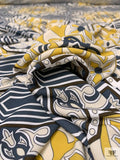 Italian Geometric Medallion Printed Viscose Matte Jersey Knit - Midnight Dusty Blue / Mustard / Beige