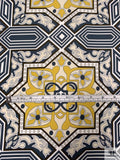 Italian Geometric Medallion Printed Viscose Matte Jersey Knit - Midnight Dusty Blue / Mustard / Beige