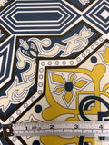 Italian Geometric Medallion Printed Viscose Matte Jersey Knit - Midnight Dusty Blue / Mustard / Beige