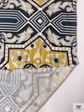 Italian Geometric Medallion Printed Viscose Matte Jersey Knit - Midnight Dusty Blue / Mustard / Beige