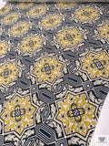 Italian Geometric Medallion Printed Viscose Matte Jersey Knit - Midnight Dusty Blue / Mustard / Beige