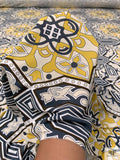 Italian Geometric Medallion Printed Viscose Matte Jersey Knit - Midnight Dusty Blue / Mustard / Beige