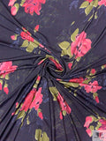 Floral Printed Tricot Knit - Midnight Eggplant Purple / Pinks / Olive Green