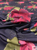 Floral Printed Tricot Knit - Midnight Eggplant Purple / Pinks / Olive Green