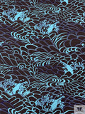 Stylized Ocean Wave Printed Lightweight Ponte Knit - Dark Umber / Dusty Turquoise / Purple