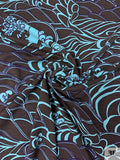 Stylized Ocean Wave Printed Lightweight Ponte Knit - Dark Umber / Dusty Turquoise / Purple