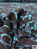 Stylized Ocean Wave Printed Lightweight Ponte Knit - Dark Umber / Dusty Turquoise / Purple
