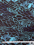 Stylized Ocean Wave Printed Lightweight Ponte Knit - Dark Umber / Dusty Turquoise / Purple