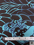 Stylized Ocean Wave Printed Lightweight Ponte Knit - Dark Umber / Dusty Turquoise / Purple