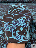 Stylized Ocean Wave Printed Lightweight Ponte Knit - Dark Umber / Dusty Turquoise / Purple