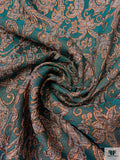 French Paisley Vine Metallic Brocade - Teal Evergreen / Copper / Grey