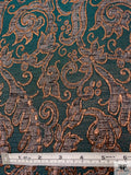 French Paisley Vine Metallic Brocade - Teal Evergreen / Copper / Grey