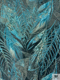Italian Bold Leaf Textured Metallic Brocade - Aqua Blue / Black