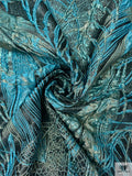 Italian Bold Leaf Textured Metallic Brocade - Aqua Blue / Black
