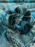 Italian Bold Leaf Textured Metallic Brocade - Aqua Blue / Black