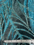 Italian Bold Leaf Textured Metallic Brocade - Aqua Blue / Black