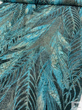 Italian Bold Leaf Textured Metallic Brocade - Aqua Blue / Black