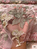 Metallic Floral Embroidered Tulle with Sequins - Blush Nude / Sage Green / Pinks