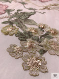 Metallic Floral Embroidered Tulle with Sequins - Blush Nude / Sage Green / Pinks