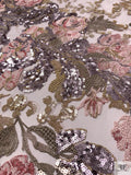 Metallic Floral Embroidered Tulle with Sequins - Smoky Lavender / Sage Green / Pinks