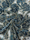Floral and Snake Velvet Appliqué on Tulle with Beads - Teal / Antique Gold