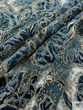 Floral and Snake Velvet Appliqué on Tulle with Beads - Teal / Antique Gold