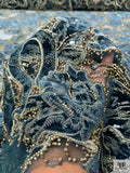 Floral and Snake Velvet Appliqué on Tulle with Beads - Teal / Antique Gold