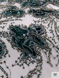Border Pattern Floral Snake Velvet Appliqué on Tulle with Beads - Emerald Green / Black