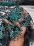 Border Pattern Floral Snake Velvet Appliqué on Tulle with Beads - Emerald Green / Black