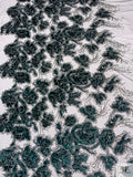 Border Pattern Floral Snake Velvet Appliqué on Tulle with Beads - Emerald Green / Black