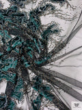 Border Pattern Floral Snake Velvet Appliqué on Tulle with Beads - Emerald Green / Black