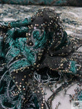 Border Pattern Floral Snake Velvet Appliqué on Tulle with Beads - Emerald Green / Black