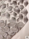 Ginkgo Leaf Metallic Embroidered Tulle with Scalloped Edge - Grey-White / Silver