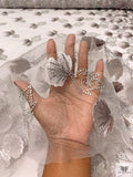 Ginkgo Leaf Metallic Embroidered Tulle with Scalloped Edge - Grey-White / Silver