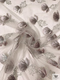 Ginkgo Leaf Metallic Embroidered Tulle with Scalloped Edge - Grey-White / Silver