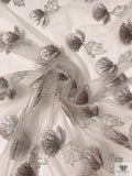 Ginkgo Leaf Metallic Embroidered Tulle with Scalloped Edge - Grey-White / Silver