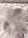Ginkgo Leaf Metallic Embroidered Tulle with Scalloped Edge - Grey-White / Silver