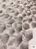 Ginkgo Leaf Metallic Embroidered Tulle with Scalloped Edge - Grey-White / Silver