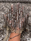 Beaded Fringe Tassels and Sequins on Tulle - Pewter / Nude / Silver