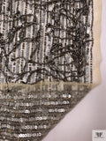 Beaded Fringe Tassels and Sequins on Tulle - Pewter / Nude / Silver