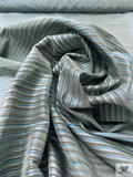 Horizontal Pinstripe Yarn-Dyed Silk Shantung - Blues / Grey