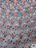 French Floral Burnout Panné Velvet with Lurex - Dusty Coral / Turquoise / Icy Aqua / Navy