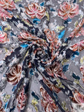 French Floral Burnout Panné Velvet with Lurex - Dusty Coral / Turquoise / Icy Aqua / Navy
