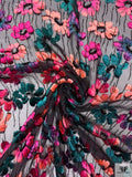 French Floral Stems Burnout Panné Velvet with Lurex - Magenta / Teal / Black / Peach