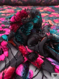 French Floral Stems Burnout Panné Velvet with Lurex - Magenta / Teal / Black / Peach