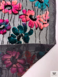 French Floral Stems Burnout Panné Velvet with Lurex - Magenta / Teal / Black / Peach