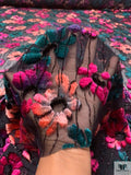 French Floral Stems Burnout Panné Velvet with Lurex - Magenta / Teal / Black / Peach