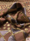 French Geometric Burnout Metallic Panné Velvet on Soft Faille Base - Cognac / Gold / Charcoal