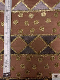 French Geometric Burnout Metallic Panné Velvet on Soft Faille Base - Cognac / Gold / Charcoal